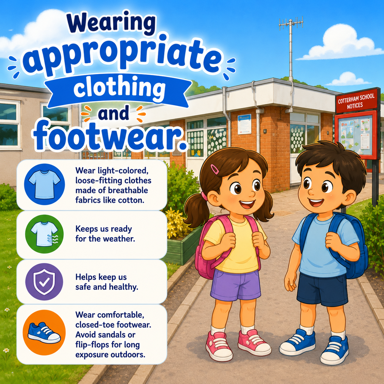 Wearing appropriate clothing and footwear.