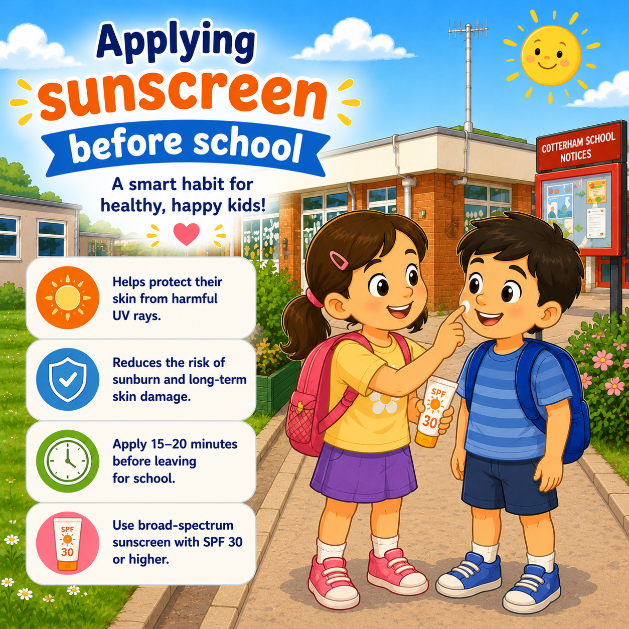 Applying sunscreen before school